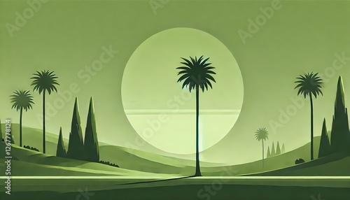 Green Oasis: A minimalist, digitally-rendered landscape with a large, luminous sun dominating the horizon. Silhouetted palm trees and slender conifers rise against the verdant sky.