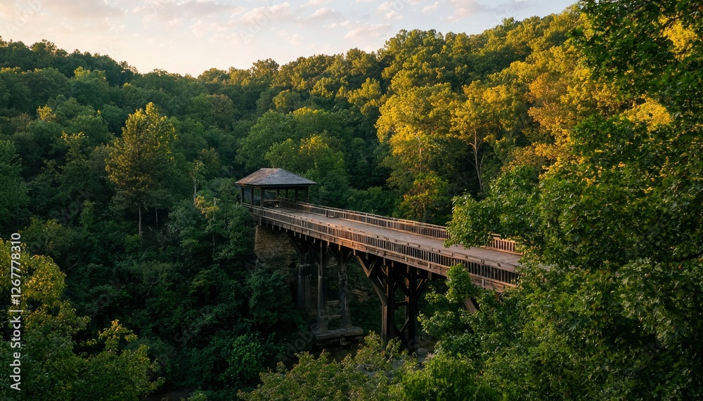 Scenic bridge through lush forest at sunset with light filtering through trees Scenic bridge through lush forest at sunset with light filtering through trees