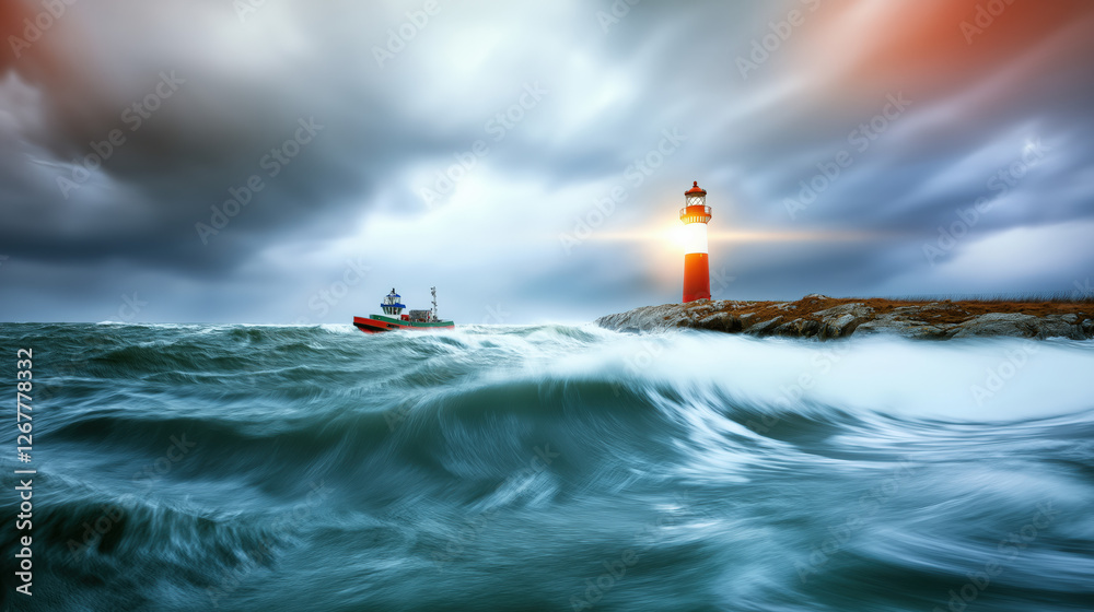 custom made wallpaper toronto digitalAn inspiring visual metaphor for leadership showcases a powerful lighthouse guiding a boat through tumultuous waves under dark storm clouds. This scene symbolizes resilience and guidance