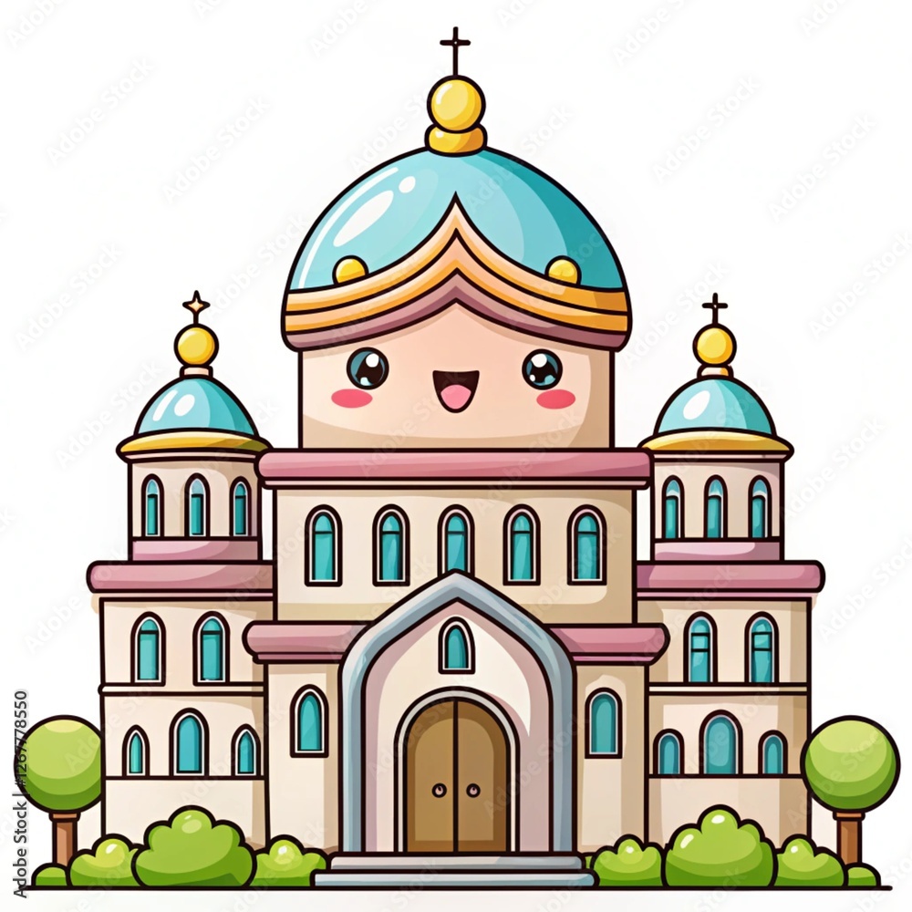 Fototapeta premium Happy church cartoon, sunny day, landscaping, children's book illustration