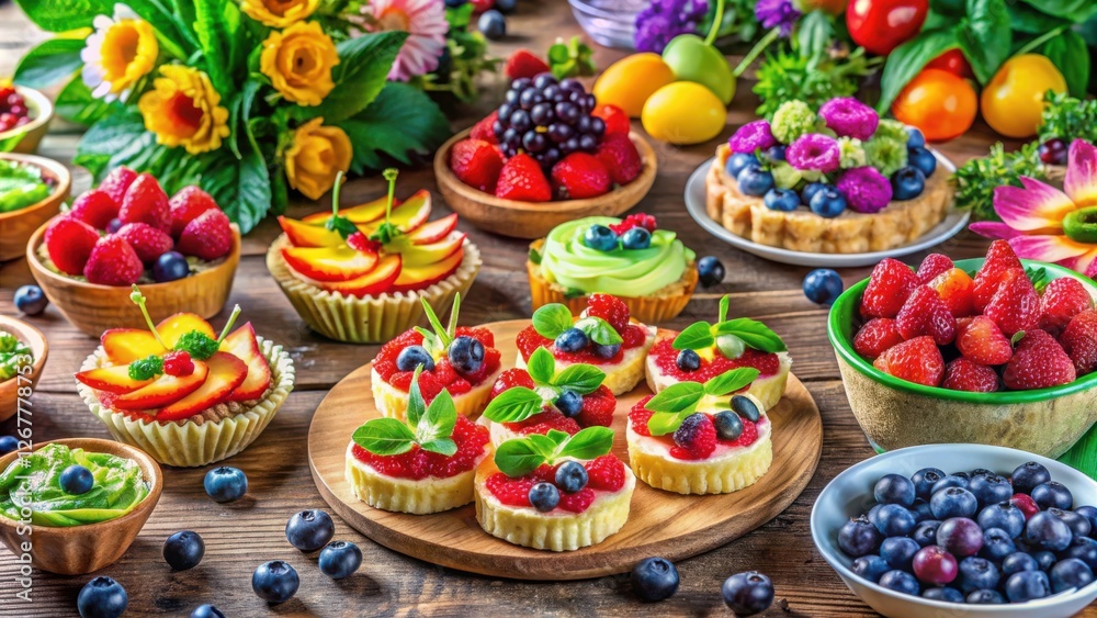 A rustic wooden table is adorned with a delectable array of mini tarts, each bursting with fresh fruit and topped with a delicate touch of fresh basil. A rustic wooden table is adorned with a delectable array of mini tarts, each bursting with fresh fruit and topped with a delicate touch of fresh basil.