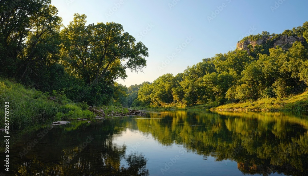 Serene river with reflection, trees and hill. Use scenic view Serene river with reflection, trees and hill. Use scenic view