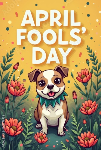 A cheerful illustration for April Fools' Day featuring a cute puppy surrounded by vibrant flowers and the playful text 