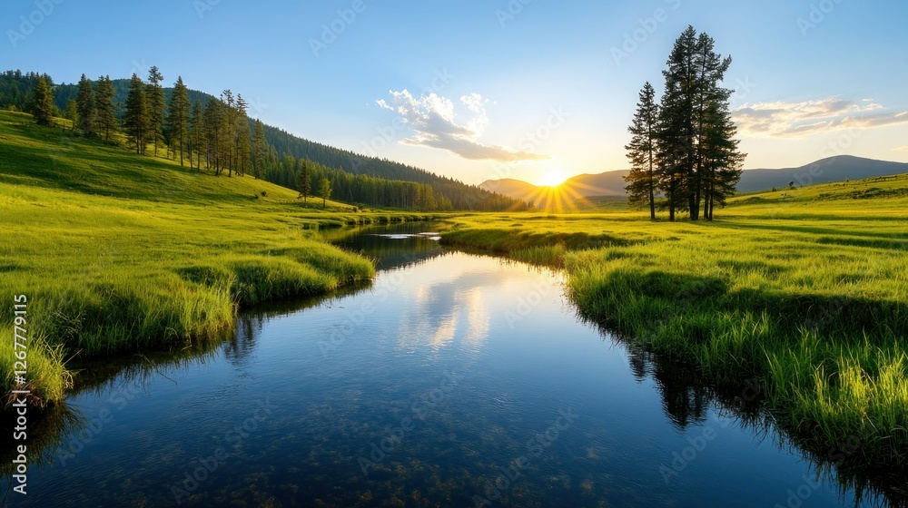 Serene mountain stream at sunset, peaceful valley Serene mountain stream at sunset, peaceful valley