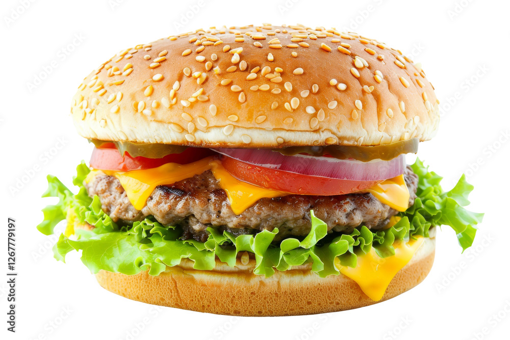 Savory cheeseburger with a beef patty, American cheese, and a sesame seed bun isolated on transparent background Savory cheeseburger with a beef patty, American cheese, and a sesame seed bun isolated on transparent background