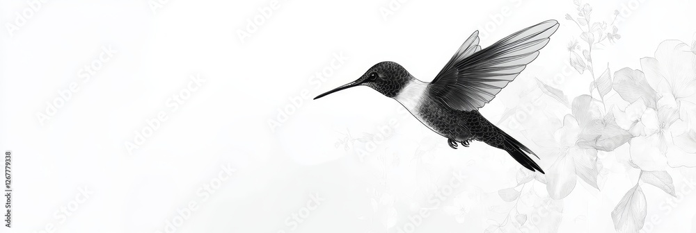 Graceful Hummingbird in Flight - A monochrome sketch of a hummingbird in mid-flight against a white background, symbolizing freedom, grace, beauty, nature, and speed