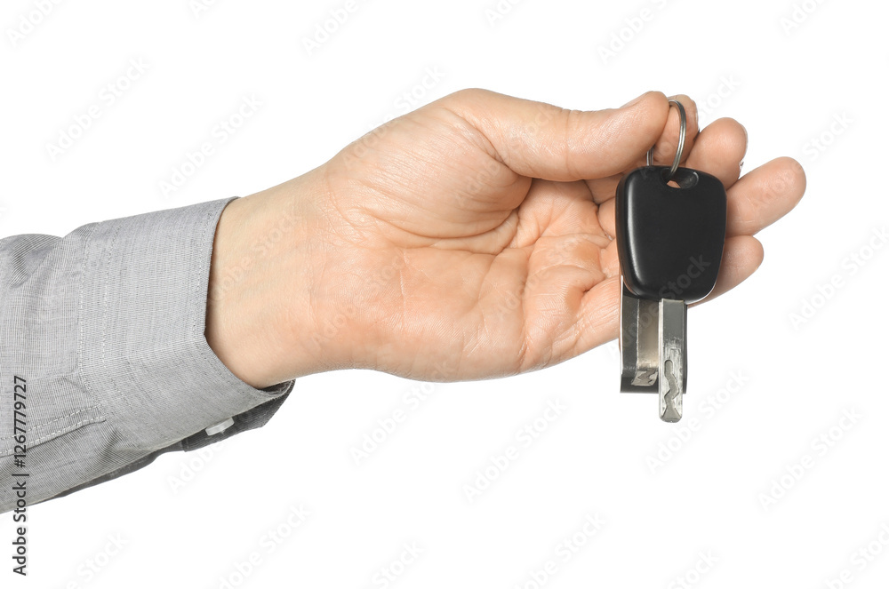 Man with car key and keychain on white background, closeup Man with car key and keychain on white background, closeup