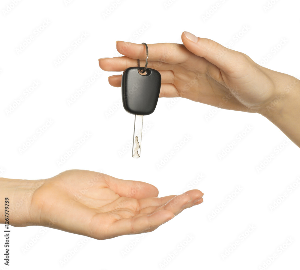 Dealer giving car key to customer on white background, closeup. Buying auto Dealer giving car key to customer on white background, closeup. Buying auto