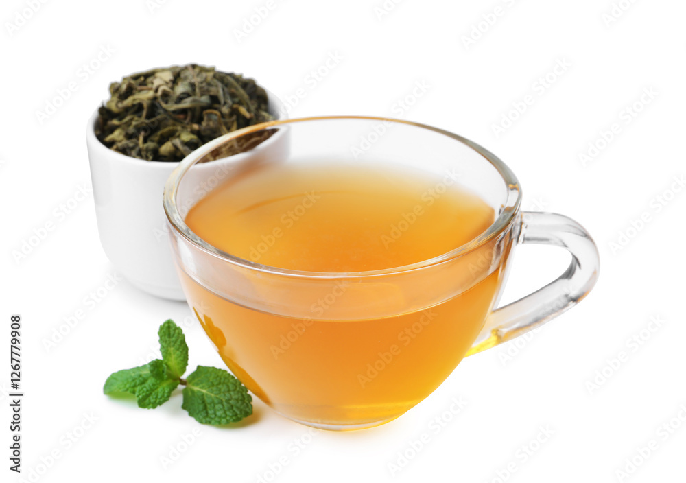 Aromatic mint tea, fresh and dried leaves isolated on white Aromatic mint tea, fresh and dried leaves isolated on white
