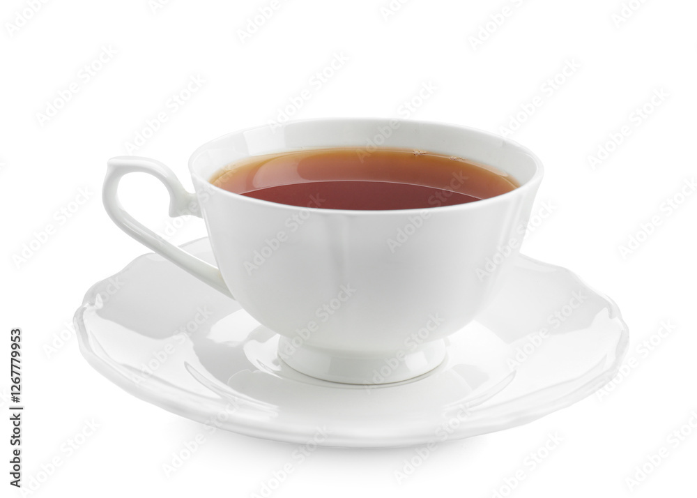 Refreshing black tea in cup isolated on white Refreshing black tea in cup isolated on white
