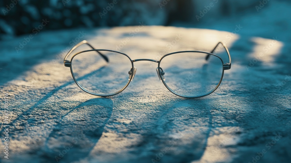 Eyeglasses resting on a stone surface in sunlight. Eyeglasses resting on a stone surface in sunlight.
