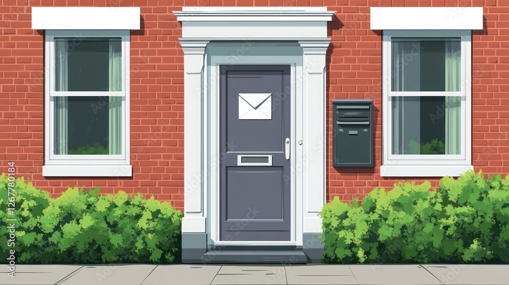 Fototapeta premium UK Townhouse Front Entrance, Mail Delivery, Sunny Day, Stock Photo