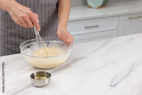Wallpaper Mural Woman making dough at white marble table indoors, closeup. Space for text Torontodigital.ca