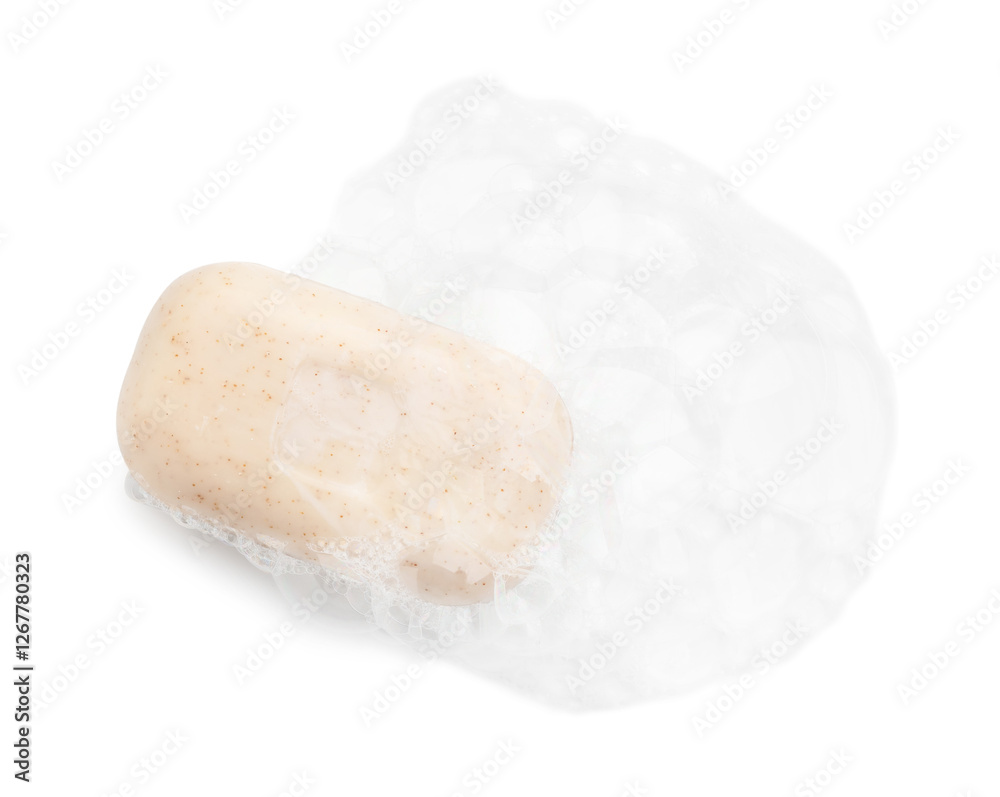 Soap with foam on white background, top view Soap with foam on white background, top view