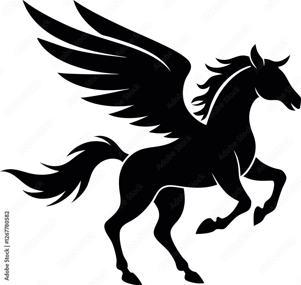 Pegasus Flying Black Silhouette – Minimalist Vector Illustration of a Majestic Winged Horse, Perfect for Logos, Prints, T-Shirts, Stickers, Tattoos, Wall Art, Mythological Designs, and Fantasy Graphic Pegasus Flying Black Silhouette – Minimalist Vector Illustration of a Majestic Winged Horse, Perfect for Logos, Prints, T-Shirts, Stickers, Tattoos, Wall Art, Mythological Designs, and Fantasy Graphic