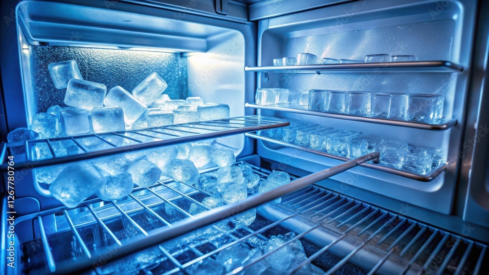 A Refrigerator Compartment Filled With Ice Cubes Glowing In The Light Of An Internal LED A Refrigerator Compartment Filled With Ice Cubes Glowing In The Light Of An Internal LED