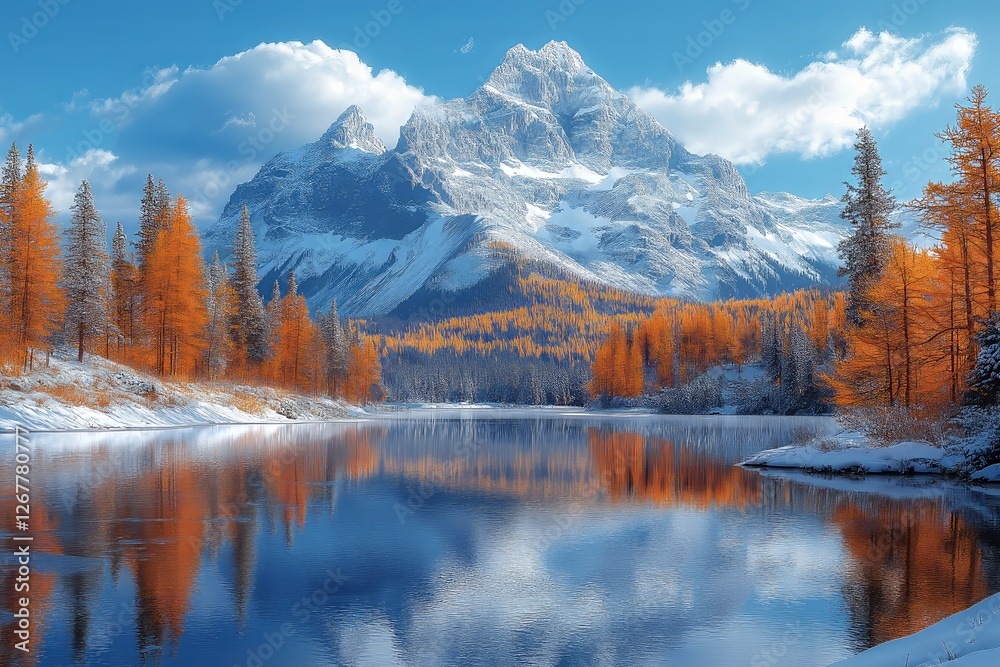 Stunning landscape with vibrant orange larch trees, snow-capped mountains, reflective waters. Concept highlights natural beauty of Banff National Park in Canada. Stunning landscape with vibrant orange larch trees, snow-capped mountains, reflective waters. Concept highlights natural beauty of Banff National Park in Canada.