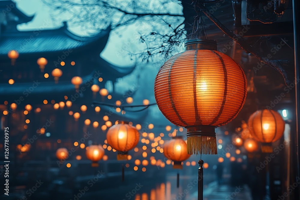 Vibrant red lanterns illuminate a misty evening in a traditional market, enhancing the festive atmosphere Vibrant red lanterns illuminate a misty evening in a traditional market, enhancing the festive atmosphere