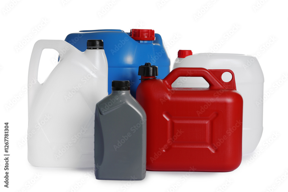 Many different plastic canisters isolated on white Many different plastic canisters isolated on white
