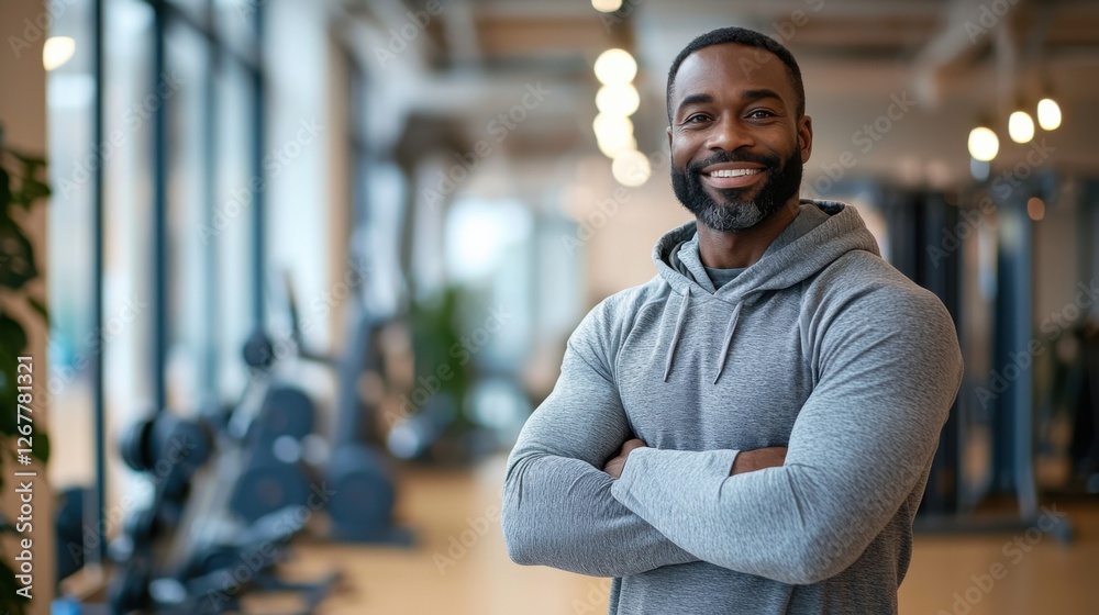 A smiling man in a vibrant workout outfit stands confidently in a brightly lit gym, surrounded by modern fitness equipment A smiling man in a vibrant workout outfit stands confidently in a brightly lit gym, surrounded by modern fitness equipment