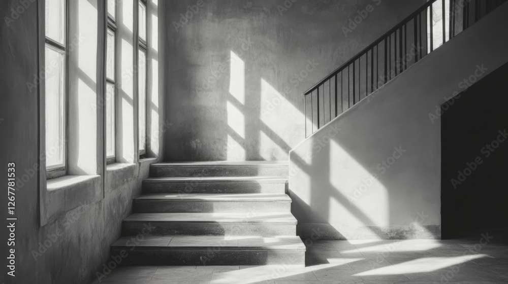 Obraz premium Interior Stairwell Sunlight, Concrete Structure, Empty, Modern Building