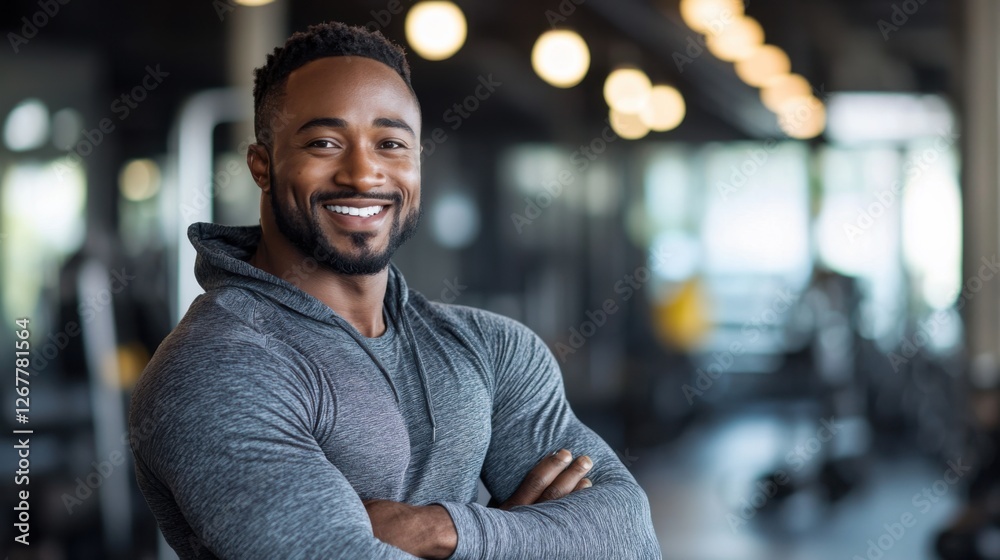 A smiling man in a vibrant workout outfit stands confidently in a brightly lit gym, surrounded by modern fitness equipment A smiling man in a vibrant workout outfit stands confidently in a brightly lit gym, surrounded by modern fitness equipment