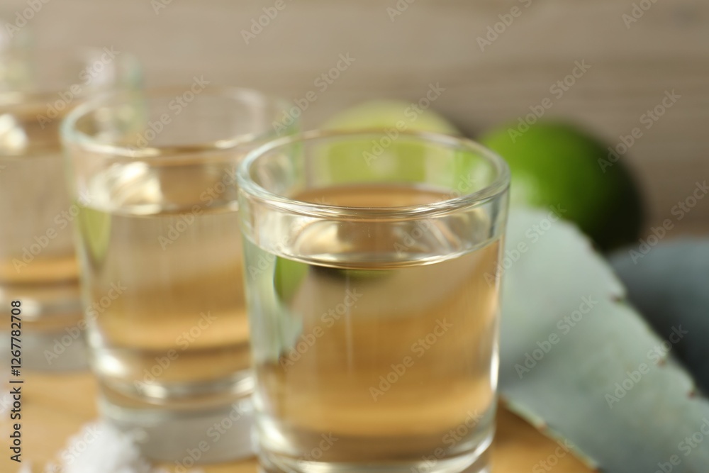 Tequila shots with salt, limes and agave leaves on table, closeup Tequila shots with salt, limes and agave leaves on table, closeup