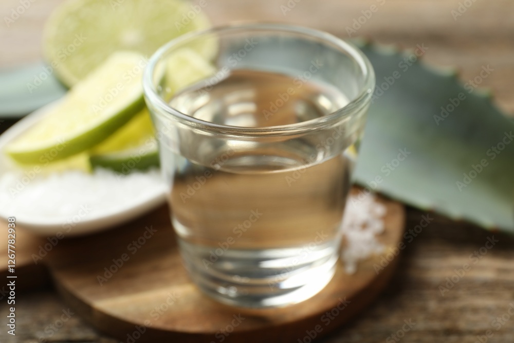 Tequila shot with lime slices and agave leaf on wooden table, closeup Tequila shot with lime slices and agave leaf on wooden table, closeup