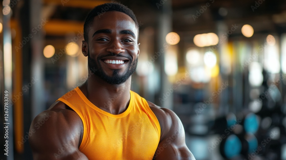 A smiling man in a vibrant workout outfit stands confidently in a brightly lit gym, surrounded by modern fitness equipment