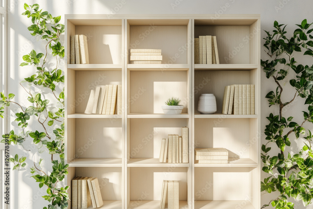 A modern bookshelf with neatly arranged books and decorative plants. A modern bookshelf with neatly arranged books and decorative plants.