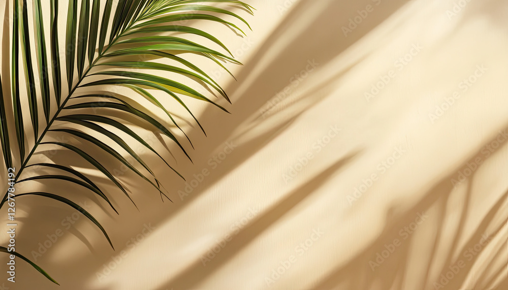 Fototapeta premium A palm leaf casting shadows on a textured wall, creating a serene and natural atmosphere.
