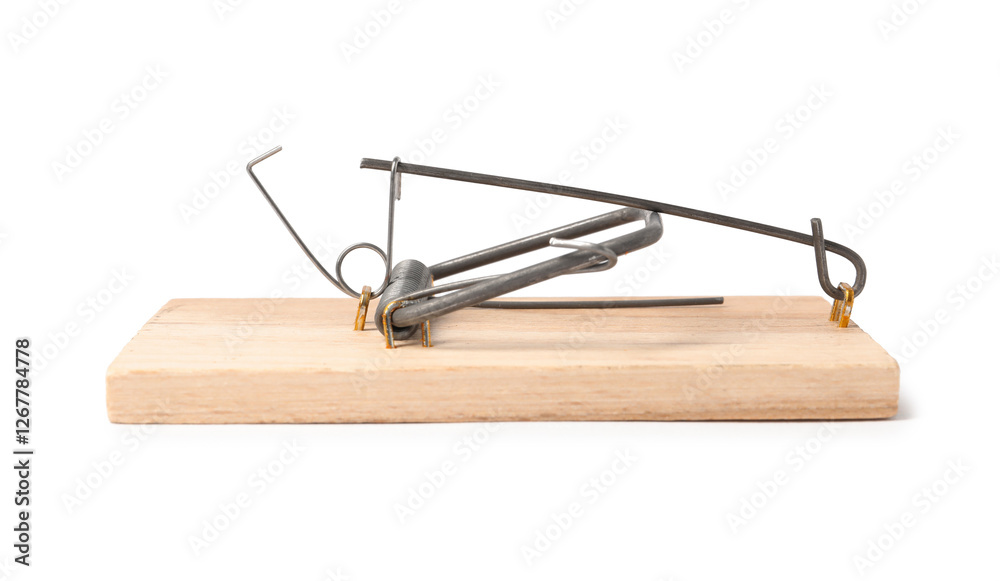 One spring-loaded bar mousetrap isolated on white One spring-loaded bar mousetrap isolated on white