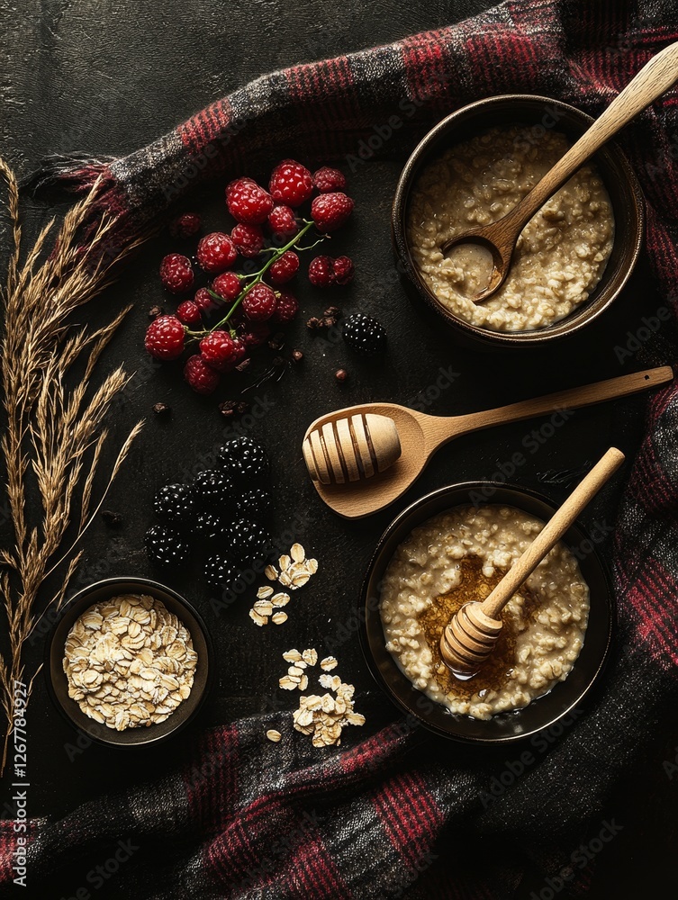 Fototapeta premium Healthy Oatmeal Breakfast Bowl - Two bowls of oatmeal with honey, berries, and oats. Rustic dark background