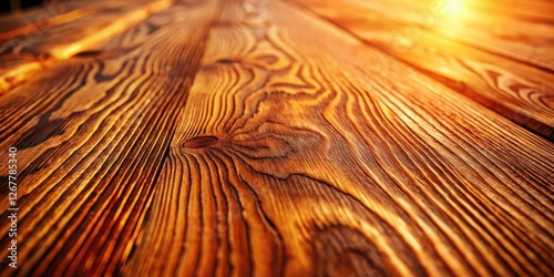 Close-up of a weathered wooden plank with a warm, golden glow, revealing the intricate grain patterns and knots that tell a story of time and nature.