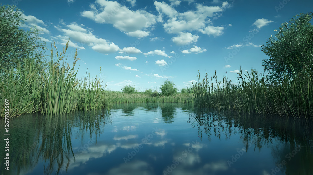 Obraz premium Serene Water Landscape with Green Grass and Blue Sky Reflection