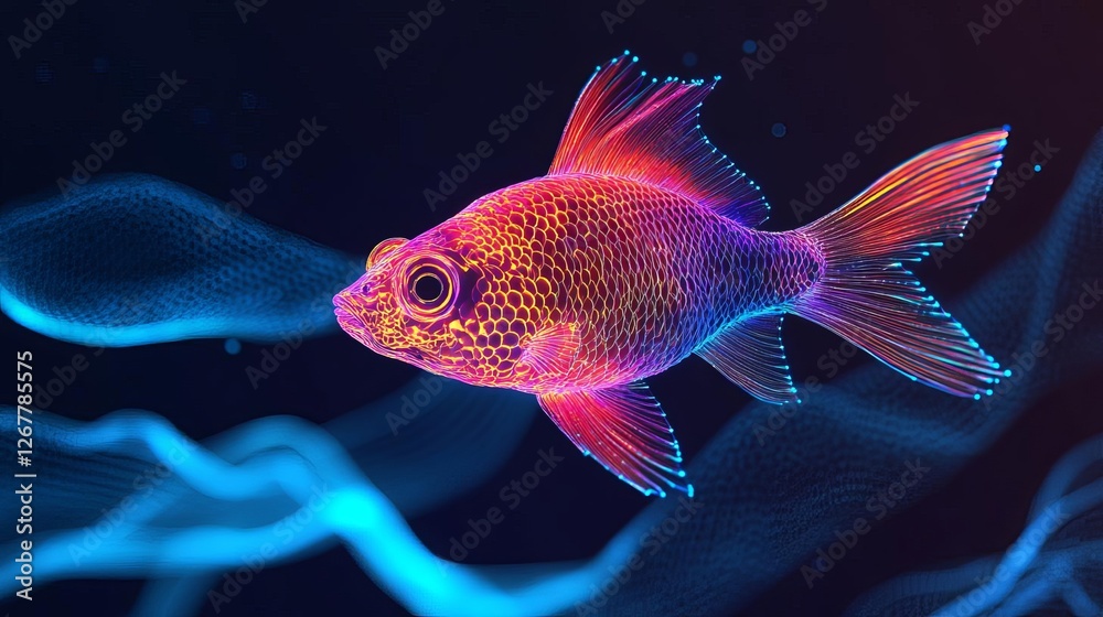 Pisces fish made of holographic cosmic waves, swimming through a digital ocean Pisces fish made of holographic cosmic waves, swimming through a digital ocean