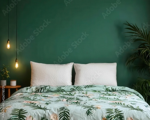 Cozy enchanted forestthemed bedroom with soft glowing fairy lights and deep green decor photo