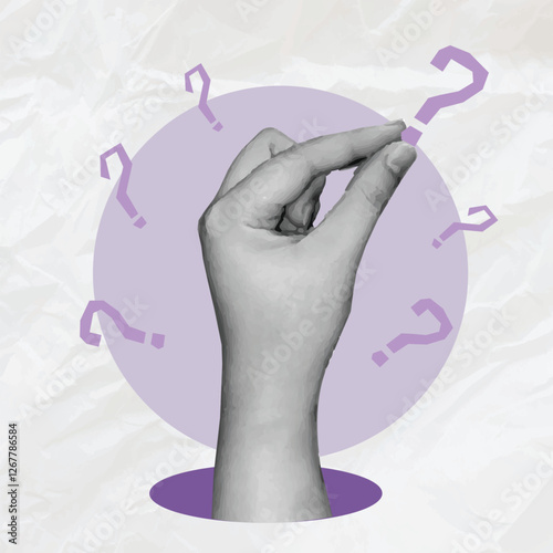 Collage retro banner. A hand cut out of a magazine holds a question mark on background, Question and answer,