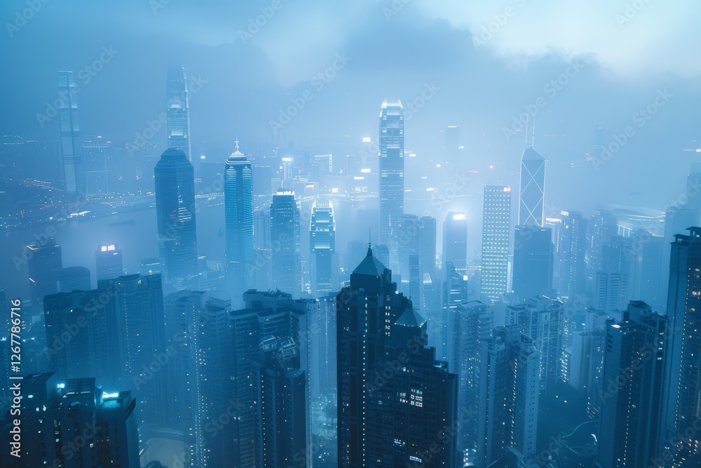 Skyline of modern skyscrapers in dense fog, showcasing challenges of air pollution and the need for technological solutions such as air purifiers and filters to protect against PM 2.5. Skyline of modern skyscrapers in dense fog, showcasing challenges of air pollution and the need for technological solutions such as air purifiers and filters to protect against PM 2.5.