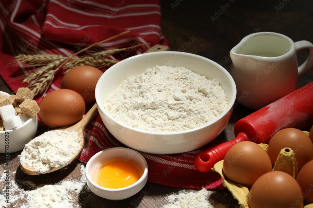 Rolling pin and ingredients for dough on table Rolling pin and ingredients for dough on table