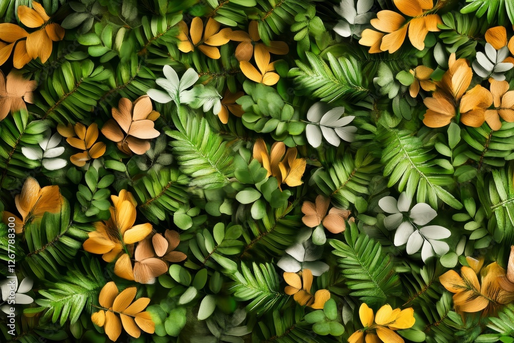 Obraz premium Lush Tropical Foliage Background - Vibrant green leaves interspersed with orange and white accents create a lush, tropical backdrop. Perfect for nature-themed designs