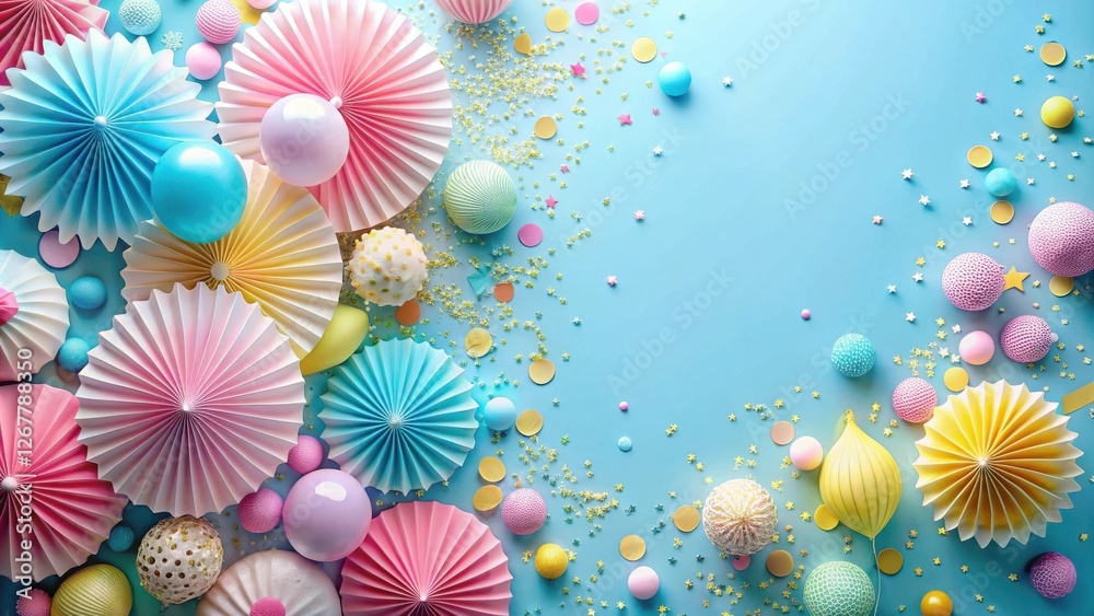 Fototapeta premium A Festive Arrangement of Pastel Paper Fans, Confetti, and Orbs on a Light Blue Background