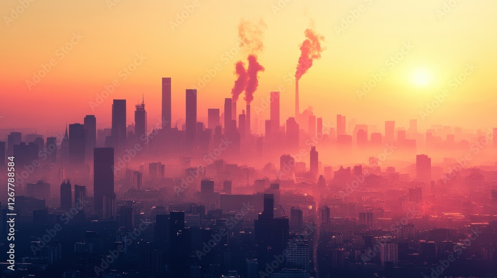 Stunning Digital Artwork of a City Skyline at Sunset with PM2.5 Emitting Smog, Creating a Dramatic and Atmospheric Scene Stunning Digital Artwork of a City Skyline at Sunset with PM2.5 Emitting Smog, Creating a Dramatic and Atmospheric Scene