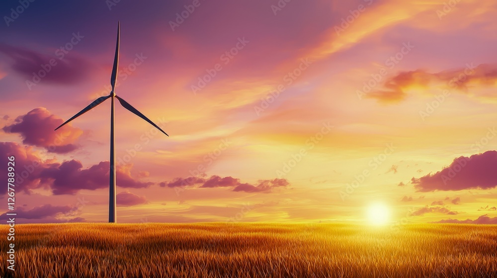 Obraz premium A serene sunset scene featuring a wind turbine amidst golden fields, highlighting renewable energy and nature's beauty.