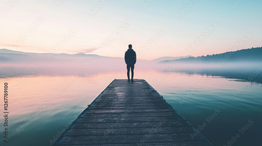 Serene Dawn Silhouette Reflection: Peaceful Lake Exploration Amidst Morning Fog Serene Dawn Silhouette Reflection: Peaceful Lake Exploration Amidst Morning Fog