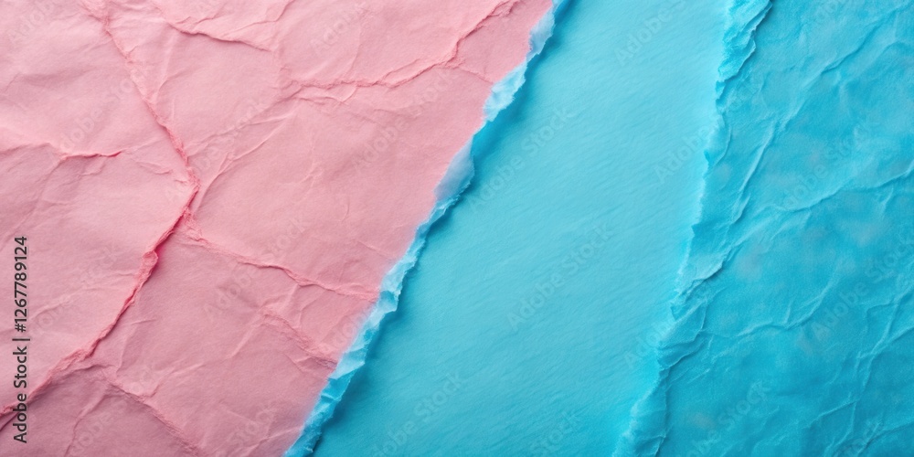 Naklejka premium A close-up view of crumpled pastel pink paper and blue paper meeting at an angled diagonal seam