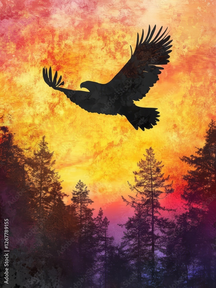 Fototapeta premium Majestic Eagle Soaring Sunset - Silhouette of an eagle in flight against a vibrant sunset, silhouetted against a forest