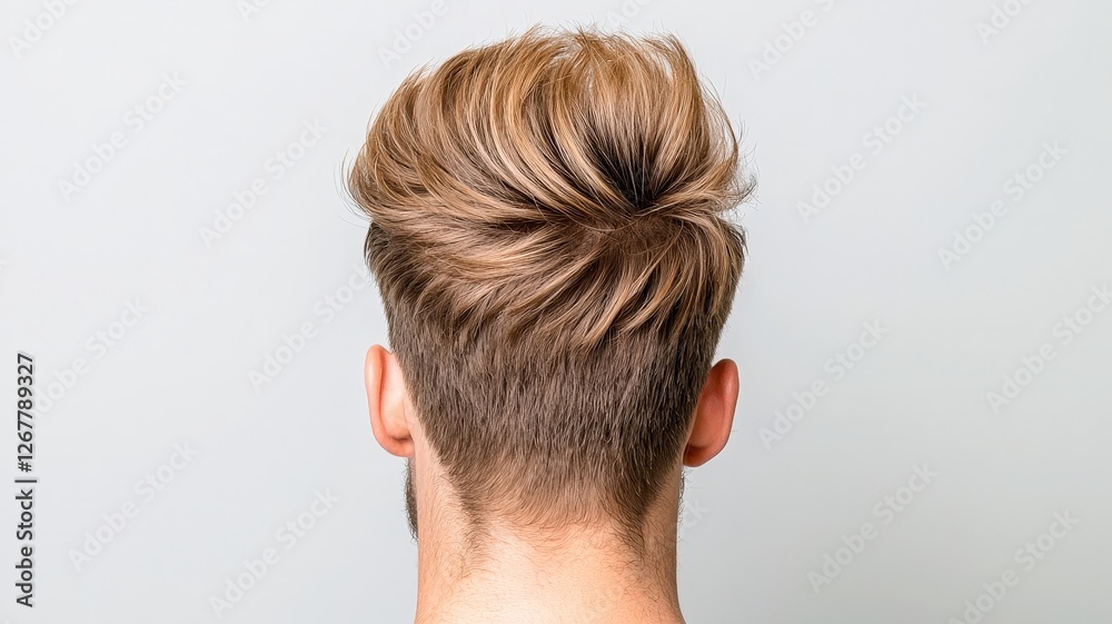A stylish, modern hairstyle featuring textured layers and a slight quiff, viewed from the back. A stylish, modern hairstyle featuring textured layers and a slight quiff, viewed from the back.