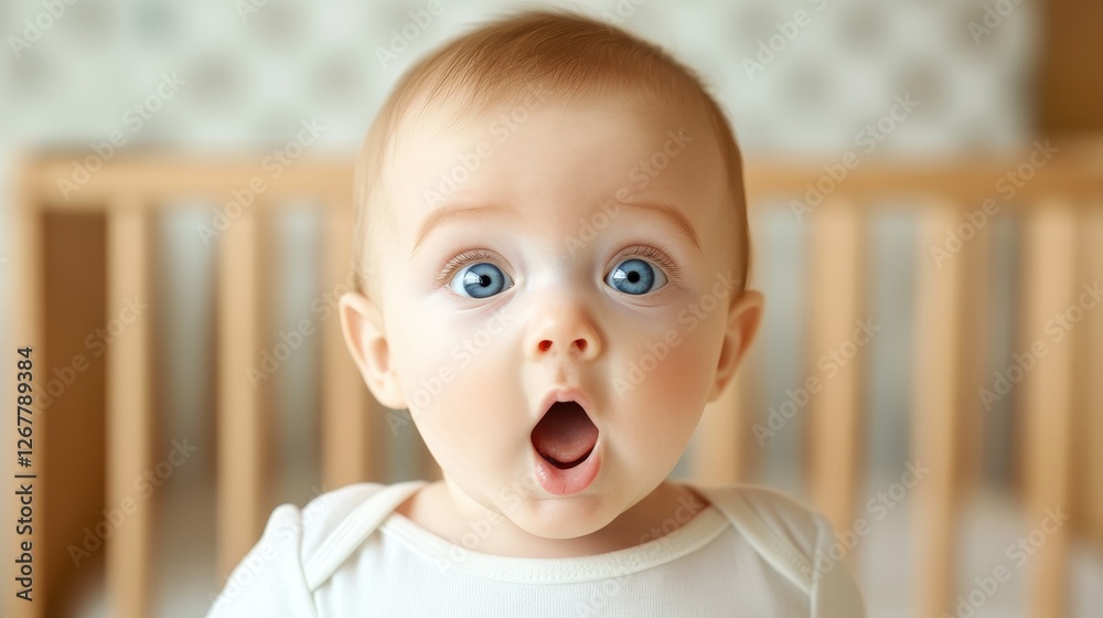 An excited baby in a crib wearing a surprised expression, with wide eyes and an open mouth, embodying the thrill of discovery in a cozy and safe environment. An excited baby in a crib wearing a surprised expression, with wide eyes and an open mouth, embodying the thrill of discovery in a cozy and safe environment.