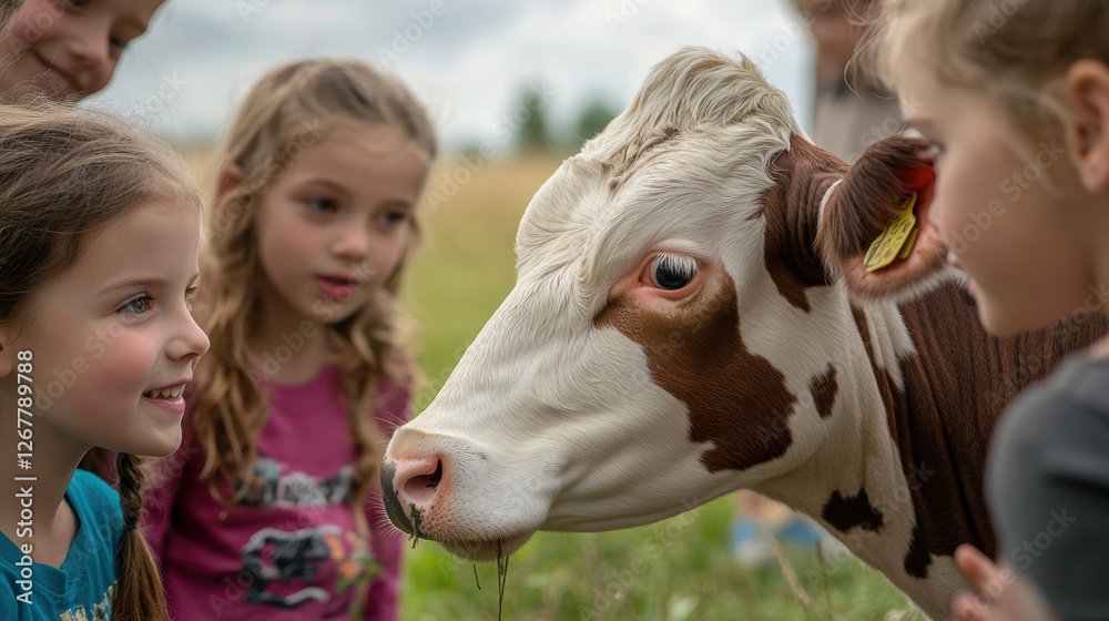 Fototapeta premium Children Exploring a Farm During a School Field Trip, Engaging with Animals and Nature in a Diverse Outdoor Learning Environment